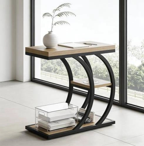 Tavolino laterale a C a 3 ripiani in metallo e legno Nero/Marrone; 60 x 30 x 58 cm