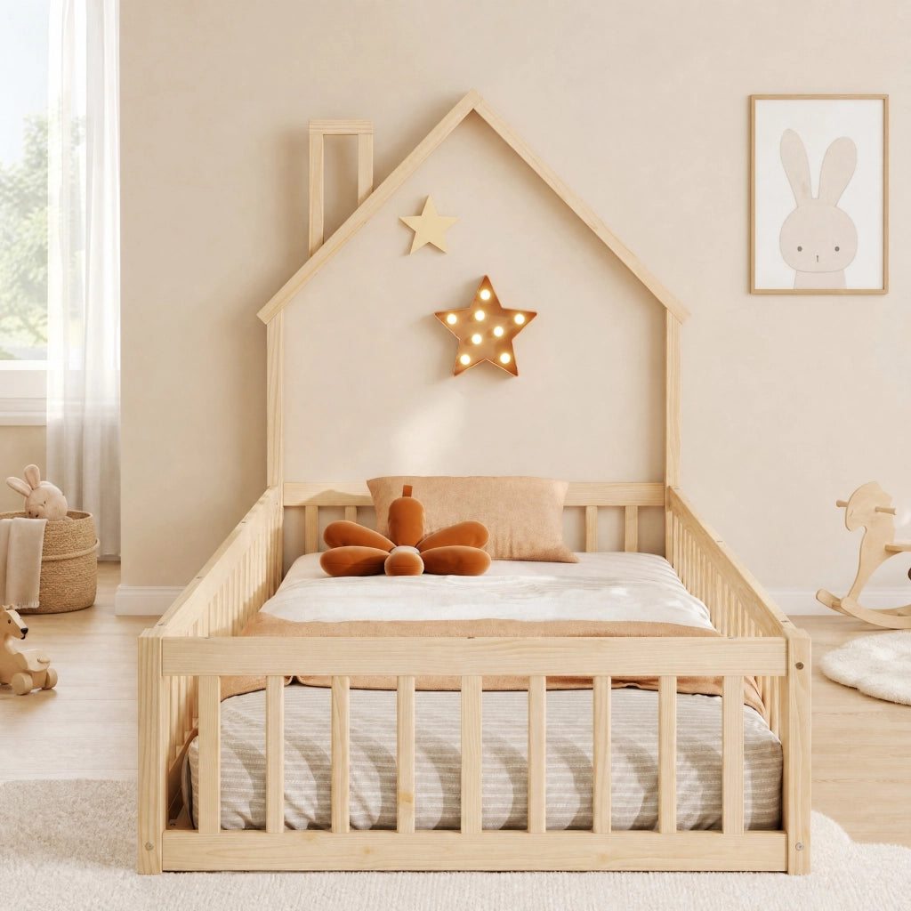 Letto a casetta 90 × 200 cm con struttura a camino rete a doghe e barriera in legno di pino e MDF naturale