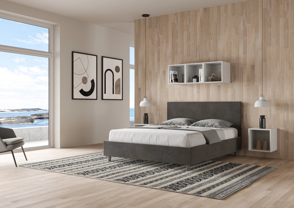 BS COM Letto queen size contenitore imbottito 150x200 microfibra grigio