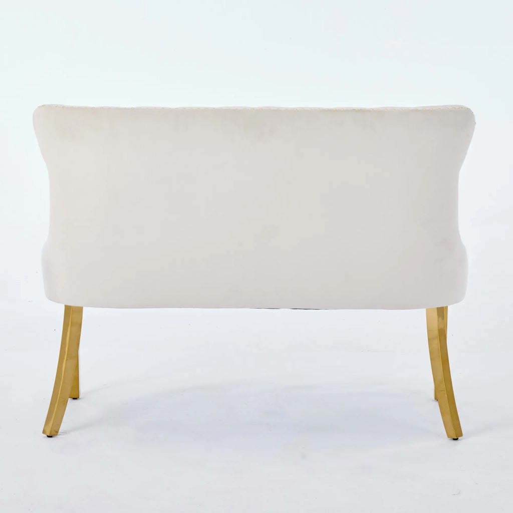 Panca da pranzo imbottita in velluto a coste beige, 2 posti, schienale alto, bottoni artigianali, gambe acciaio dorato, stile moderno, confezione singola