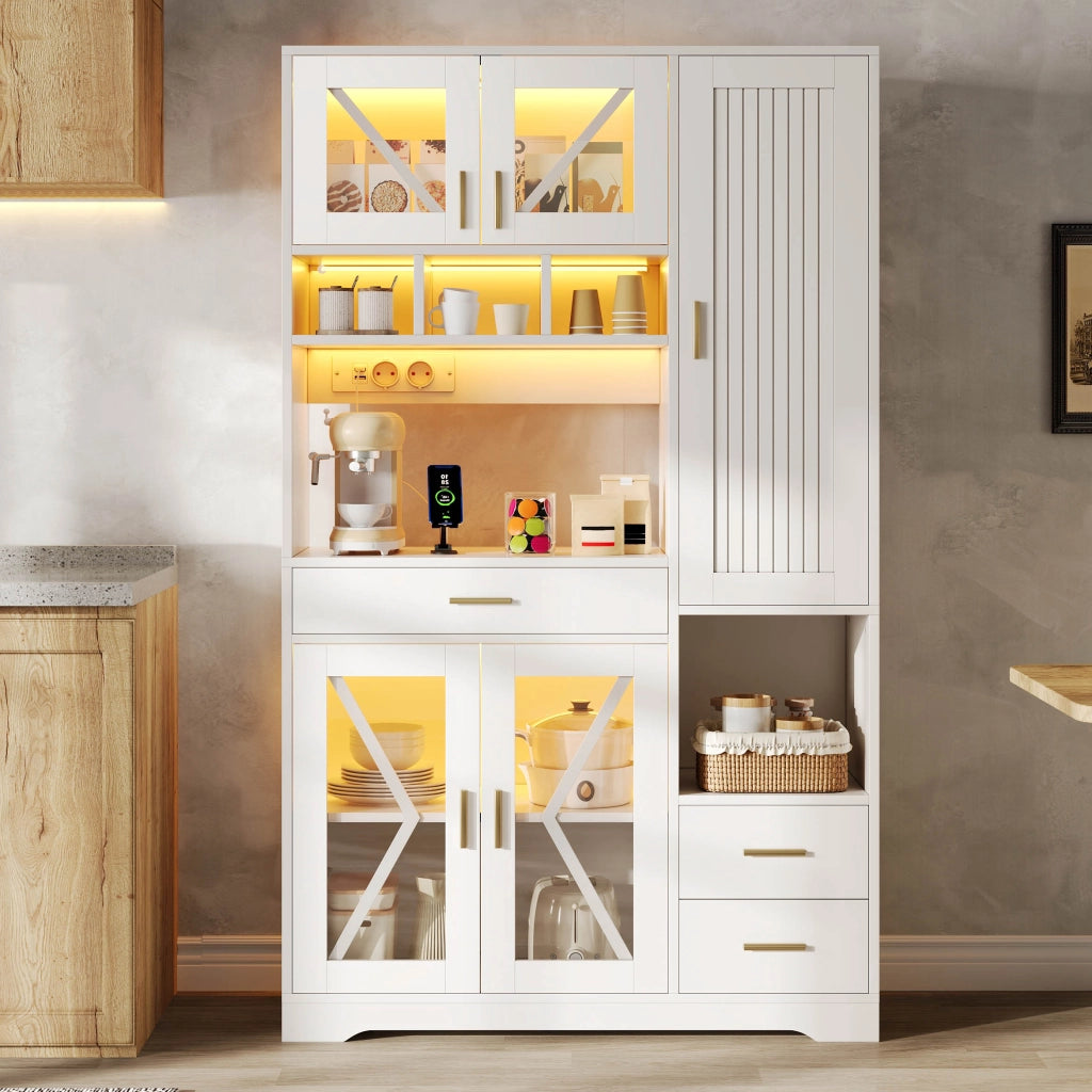 Credenza da cucina alta con vetrina, LED e prese, ripiani regolabili e cassetto, in MDF bianco, 105 × 40 × 185 cm