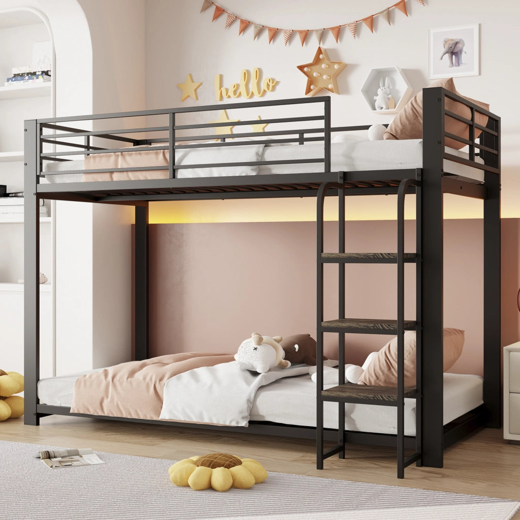 Letto a castello in metallo con scale in MDF 204x115x145 cm nero