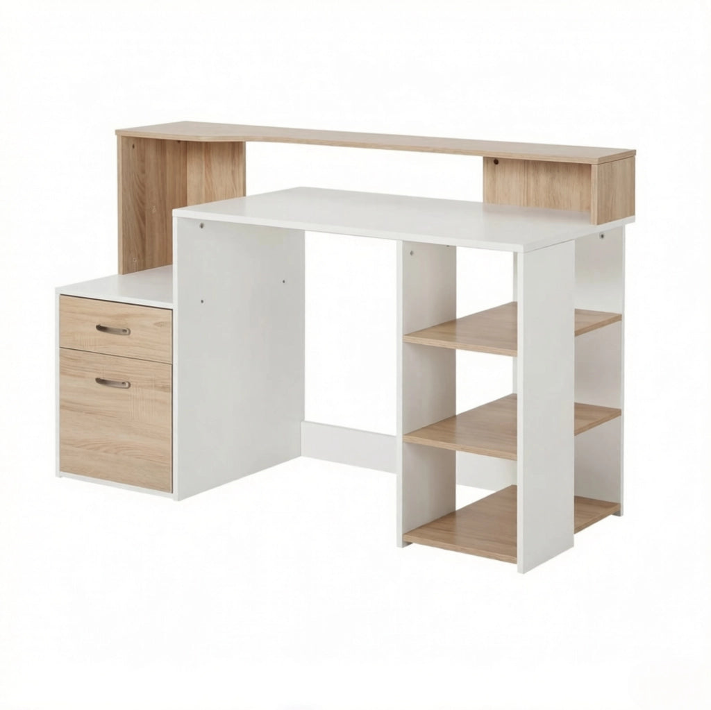 Scrivania compatta con cassetti e ripiani aperti in MDF e alluminio, 137x55x92 cm, ideale per studio e lavoro