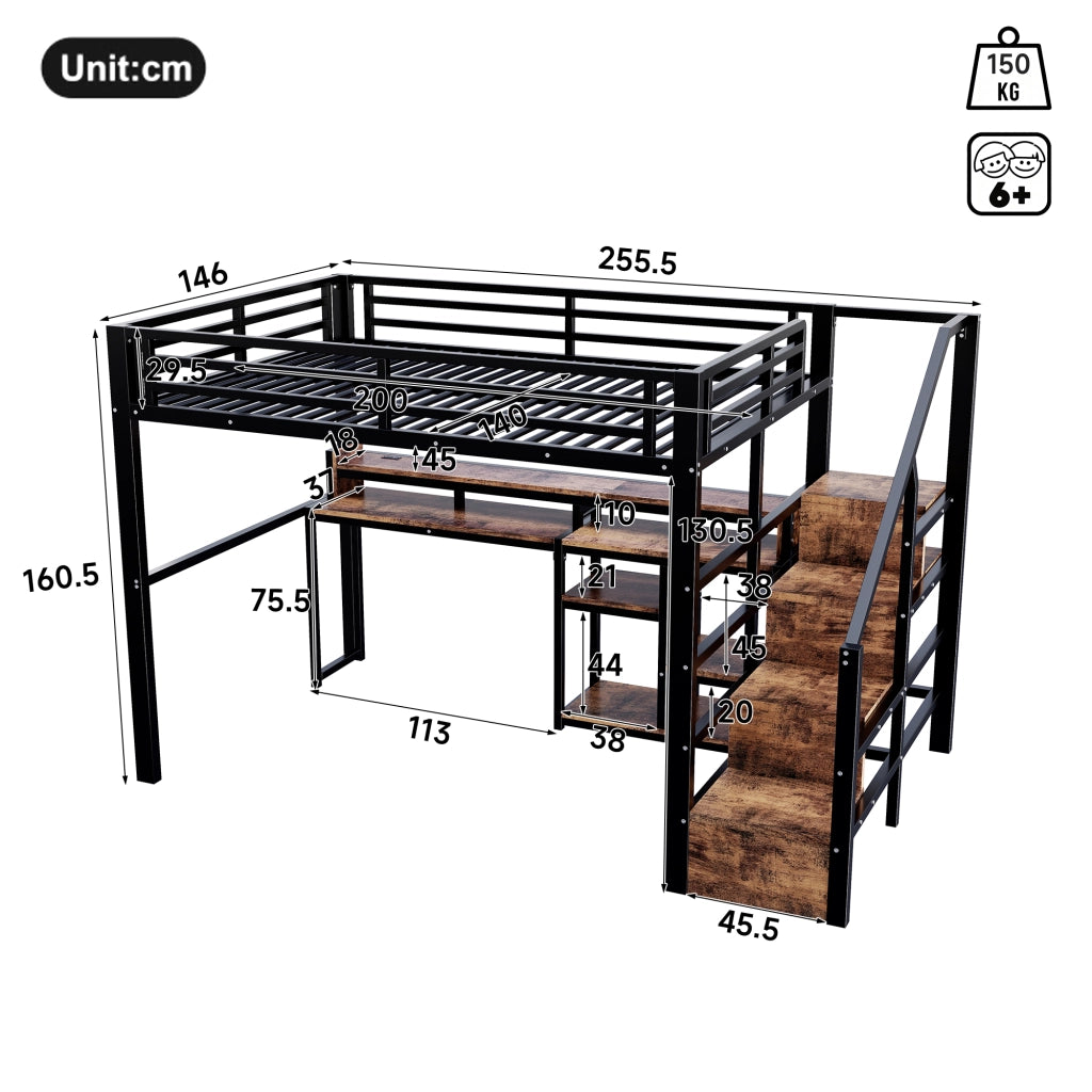 Letto a soppalco 140x200 cm con LED; USB e Type-C; scala con armadio e ripiani; metallo e MDF nero