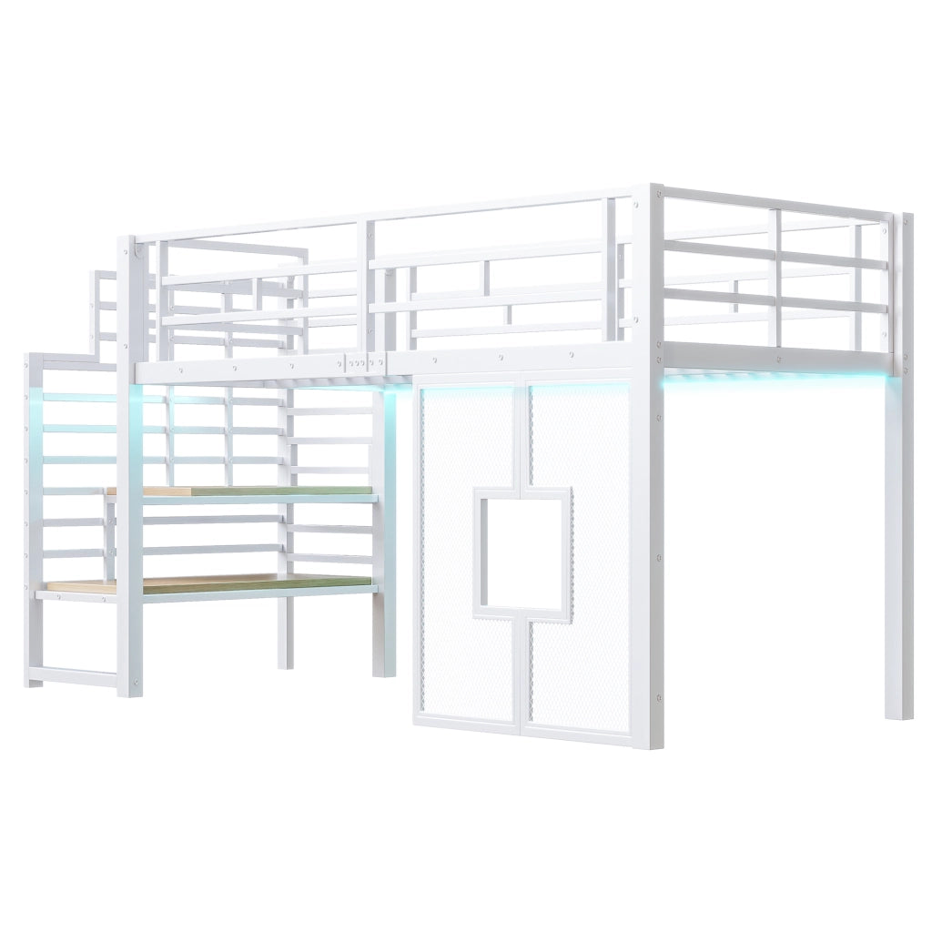 Letto a soppalco in metallo 90 x 200 cm con scala, contenitore, illuminazione LED e finestre - Bianco