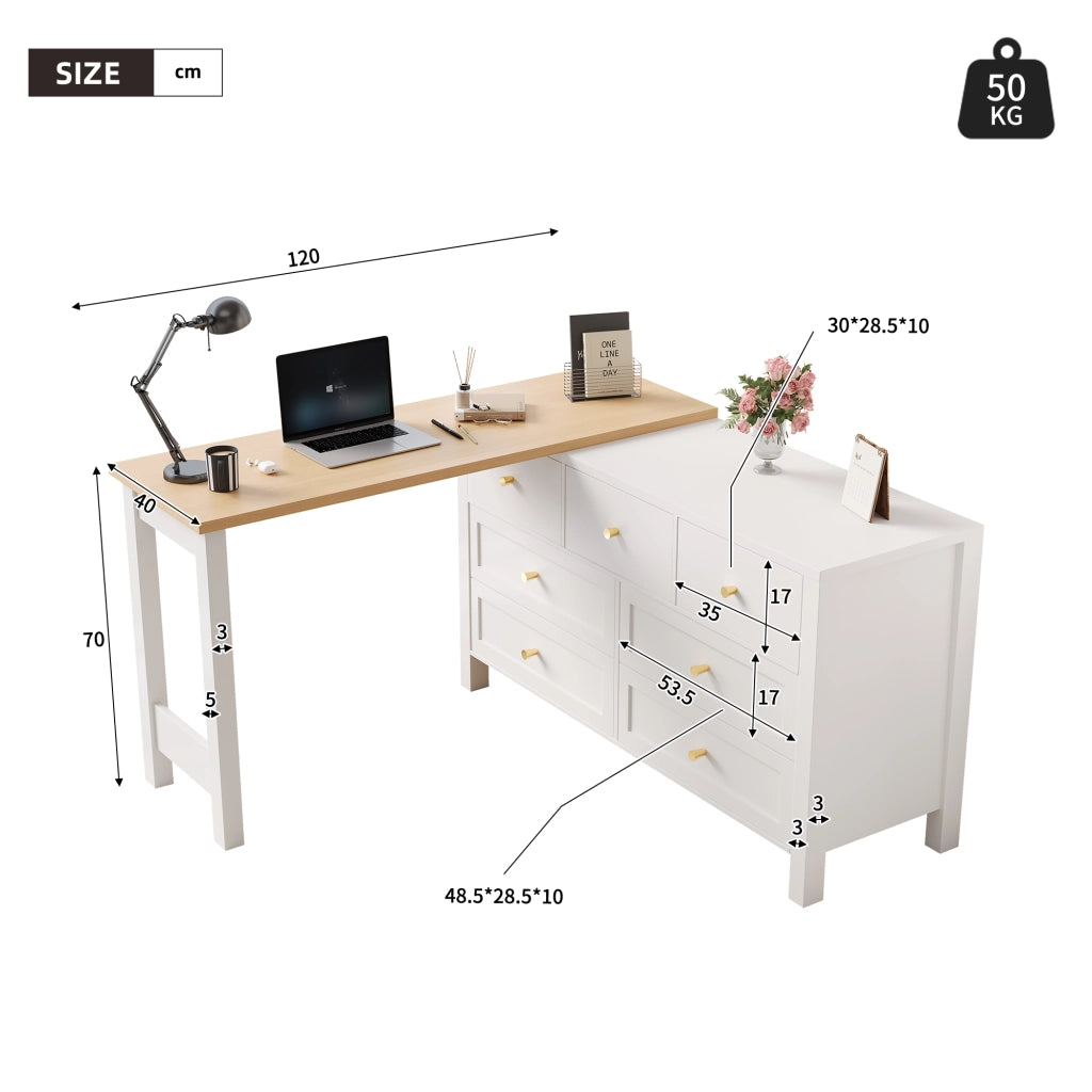 Scrivania angolare girevole con 7 cassetti piano a 360° in pannello truciolare bianco e rovere 120 × 40 × 70 cm