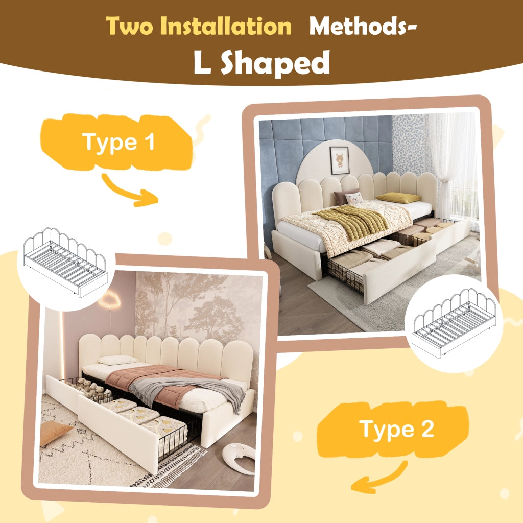Letto singolo imbottito 90 ¡Á 200 cm con due cassetti in velluto beige con rete a doghe e lati intercambiabili
