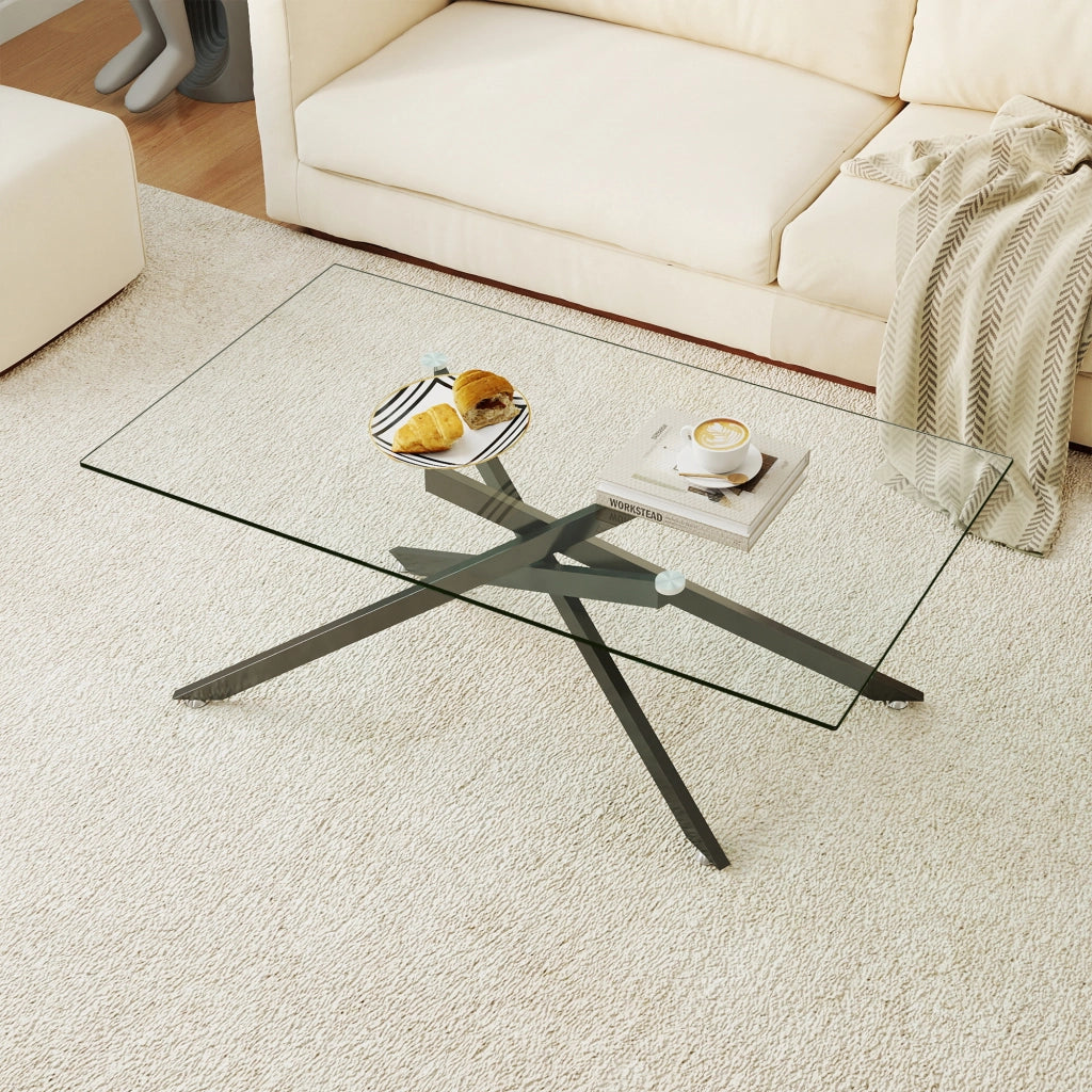 Tavolino basso fisso in vetro temprato con gambe in metallo nero rettangolare 120 × 60 × 46 cm