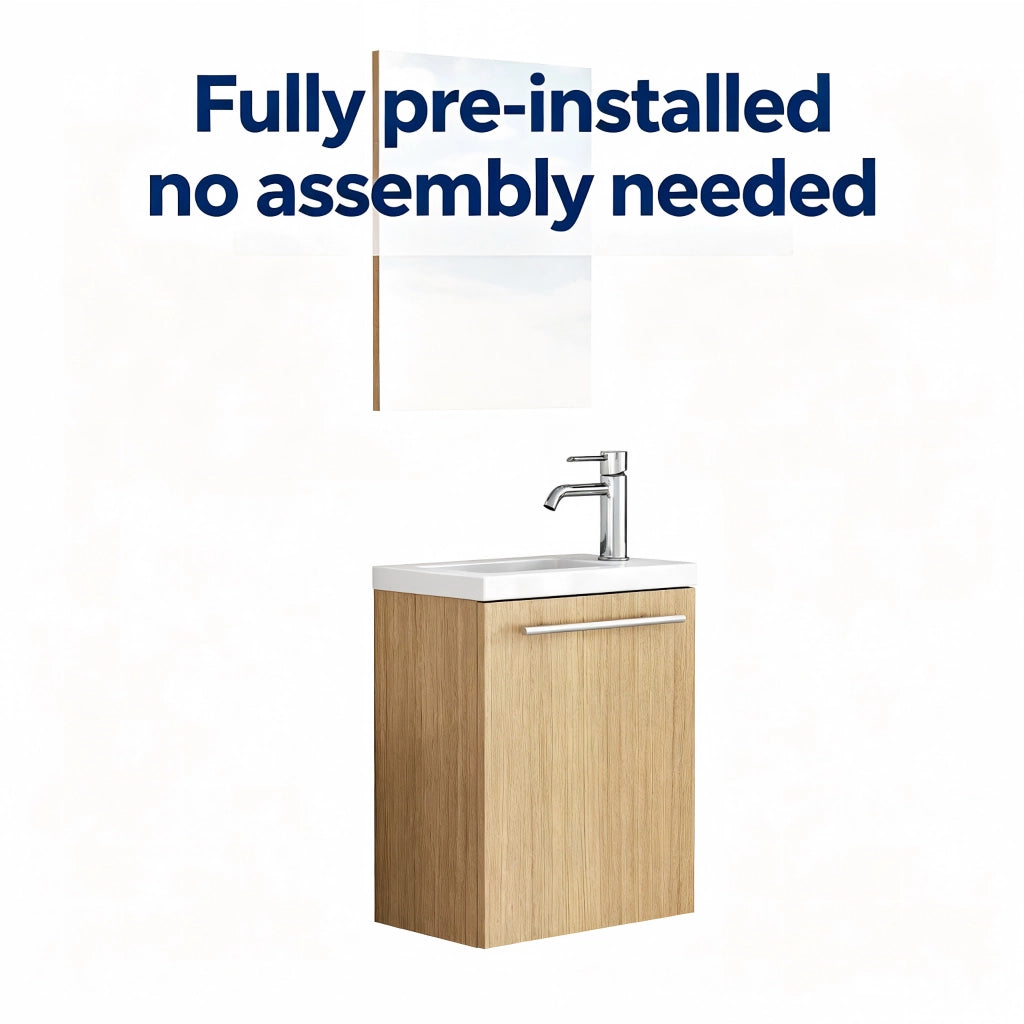 Mobile lavabo sospeso per bagno con lavandino in ceramica e specchio, colore quercia, maniglie in metallo, cerniere ammortizzate, preassemblato