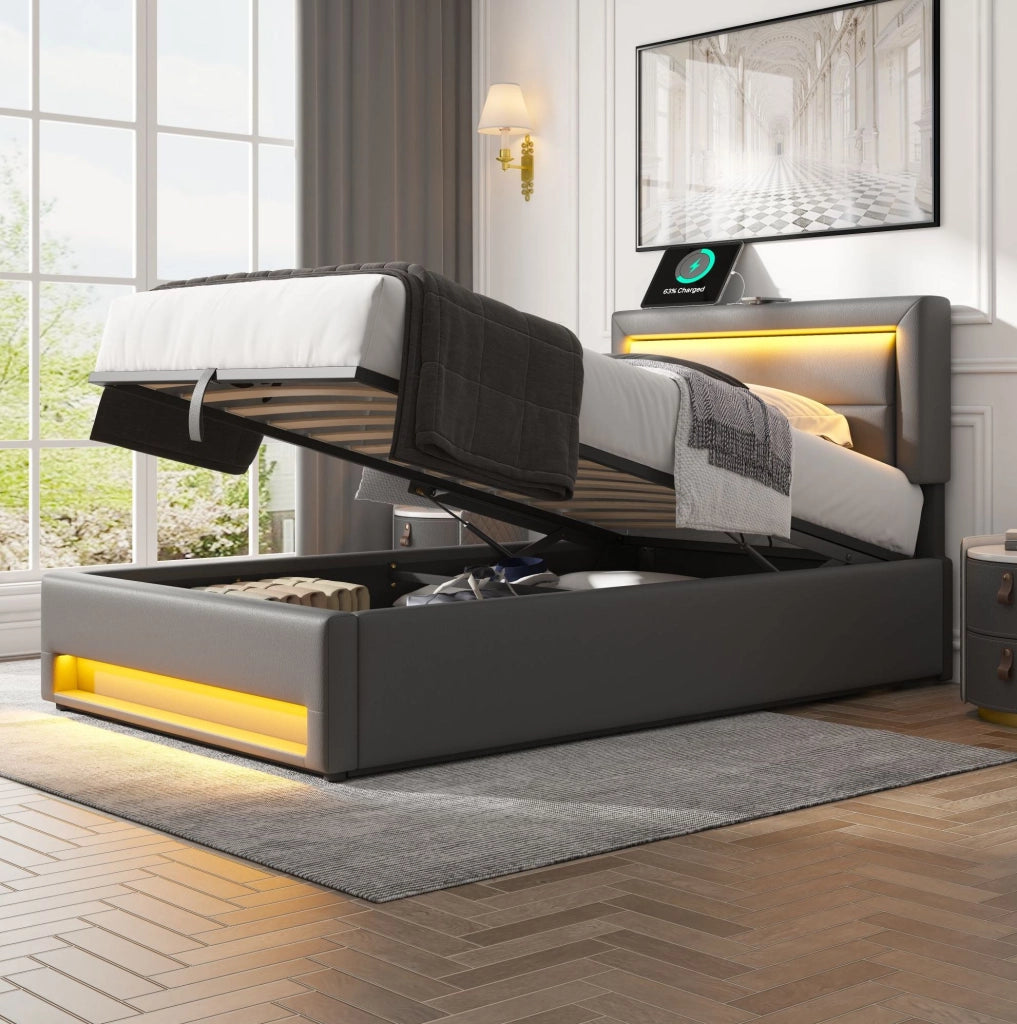 Letto imbottito con LED; ricarica USB e wireless; vano contenitore; PU grigio; per materasso 90x190 cm