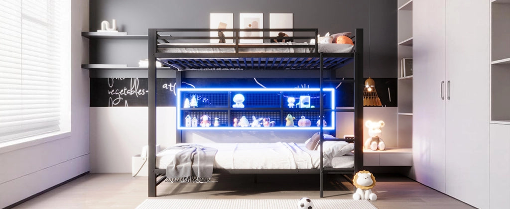Letto a castello con armadi e LED, 140x200 cm, nero