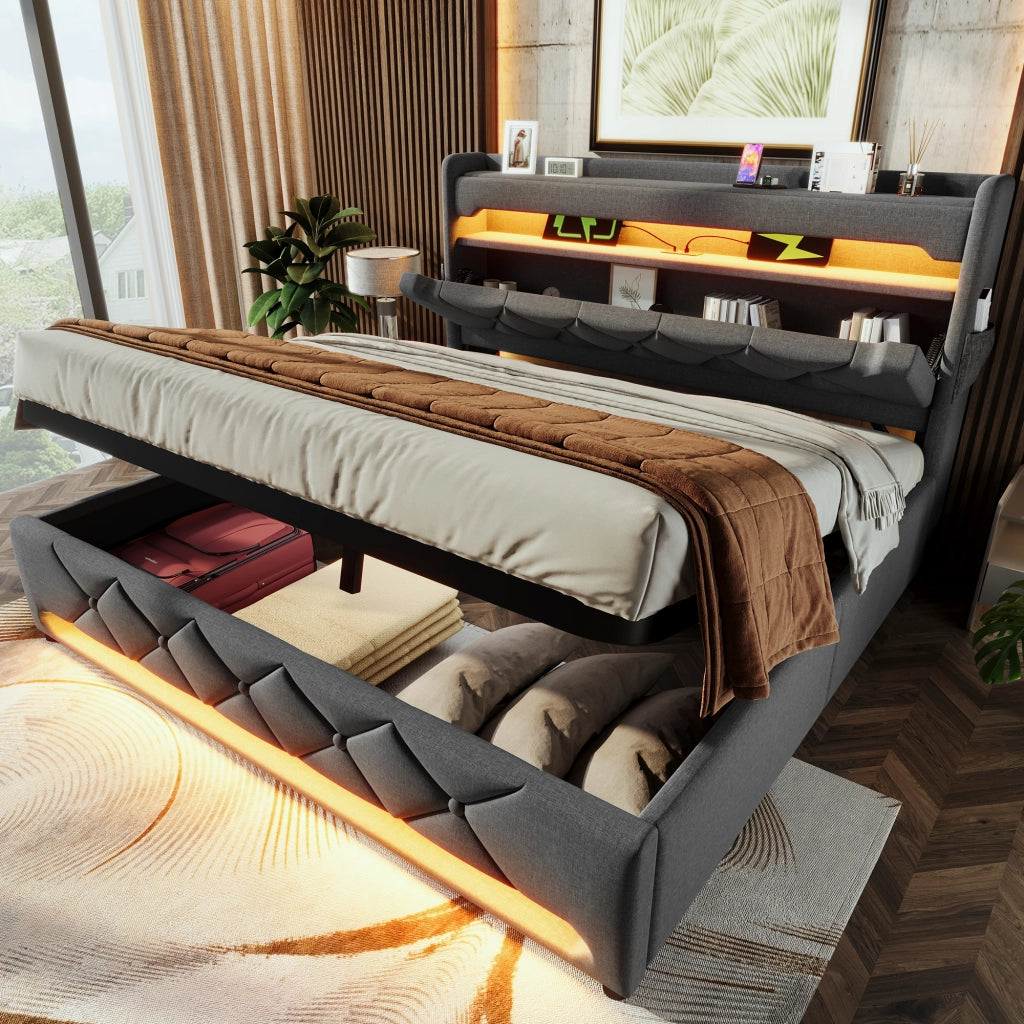 Letto contenitore matrimoniale 180x200 cm imbottito; testiera con vani; LED 360°; USB; USB-C; sollevamento idraulico; lino grigio