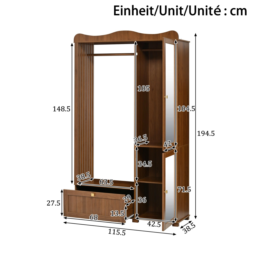 Guardaroba aperto con specchio intero barra appendiabiti ante e cassetti in MDF color noce 115.5 × 38.5 × 194.5 cm