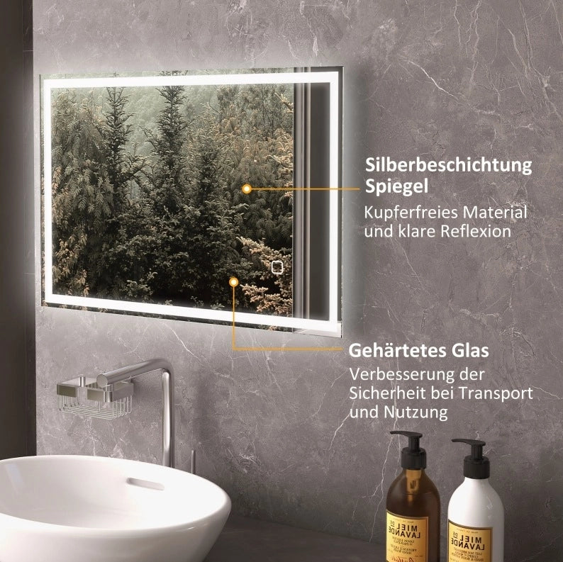 Specchio bagno LED ULEVR 70x50 cm con touch, luce regolabile a 3 tonalit¨¤ e funzione antiappannamento