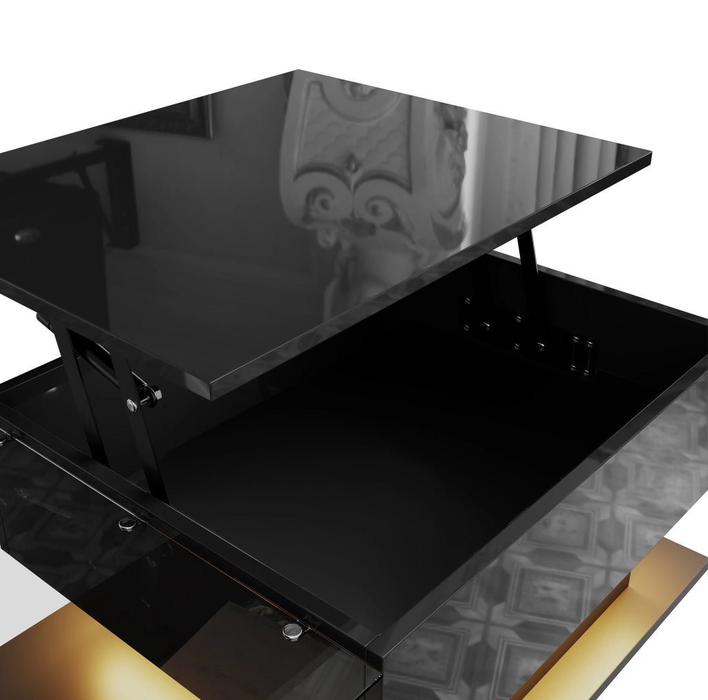 Tavolino da caffè nero lucido con piano in vetro, illuminazione LED e vano contenitivo