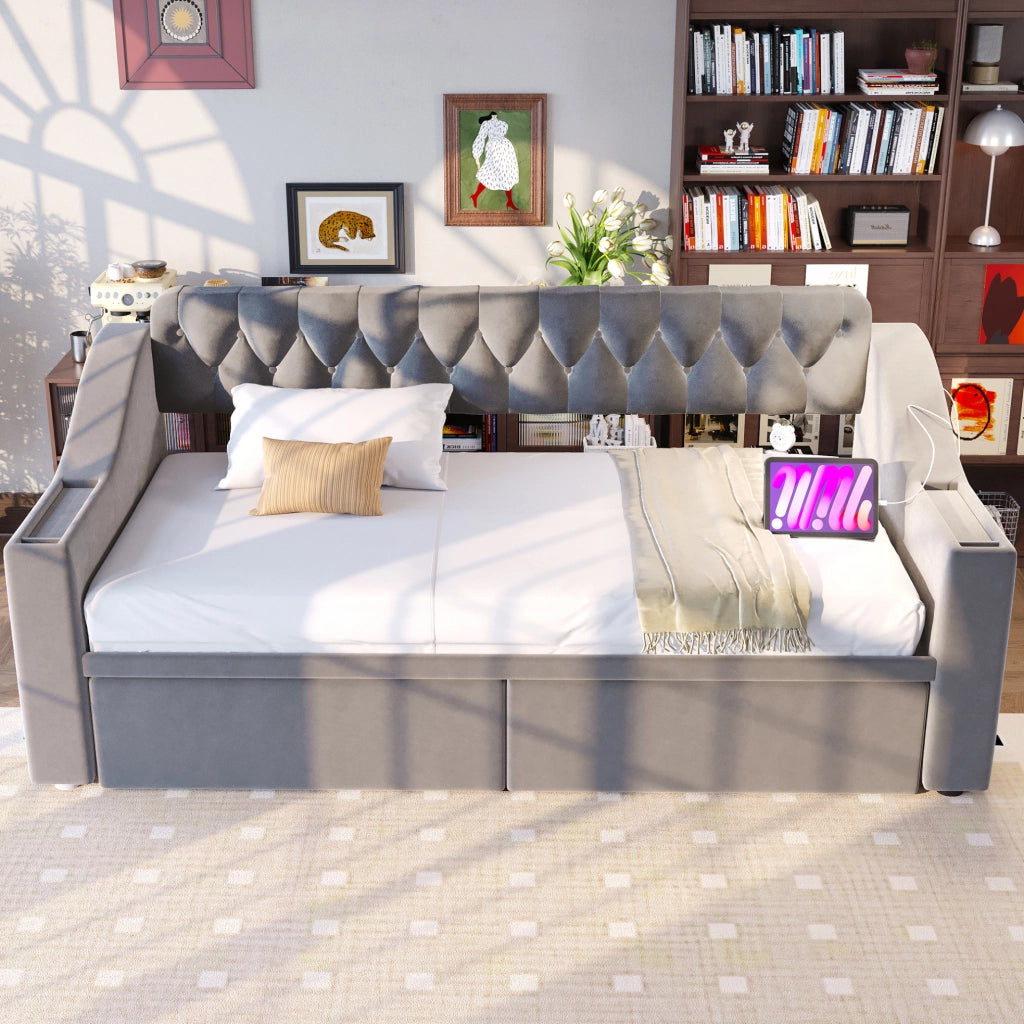 Divano letto imbottito 90x190 cm con cassetti; vani nei braccioli; porte USB; velluto grigio chiaro