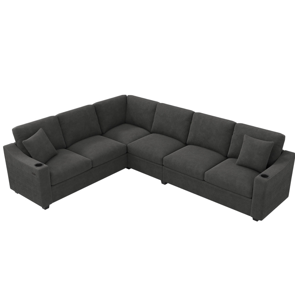 Divano angolare modulare a L 277x215 cm in tessuto corduroy grigio; 6-7 posti con 2 cuscini