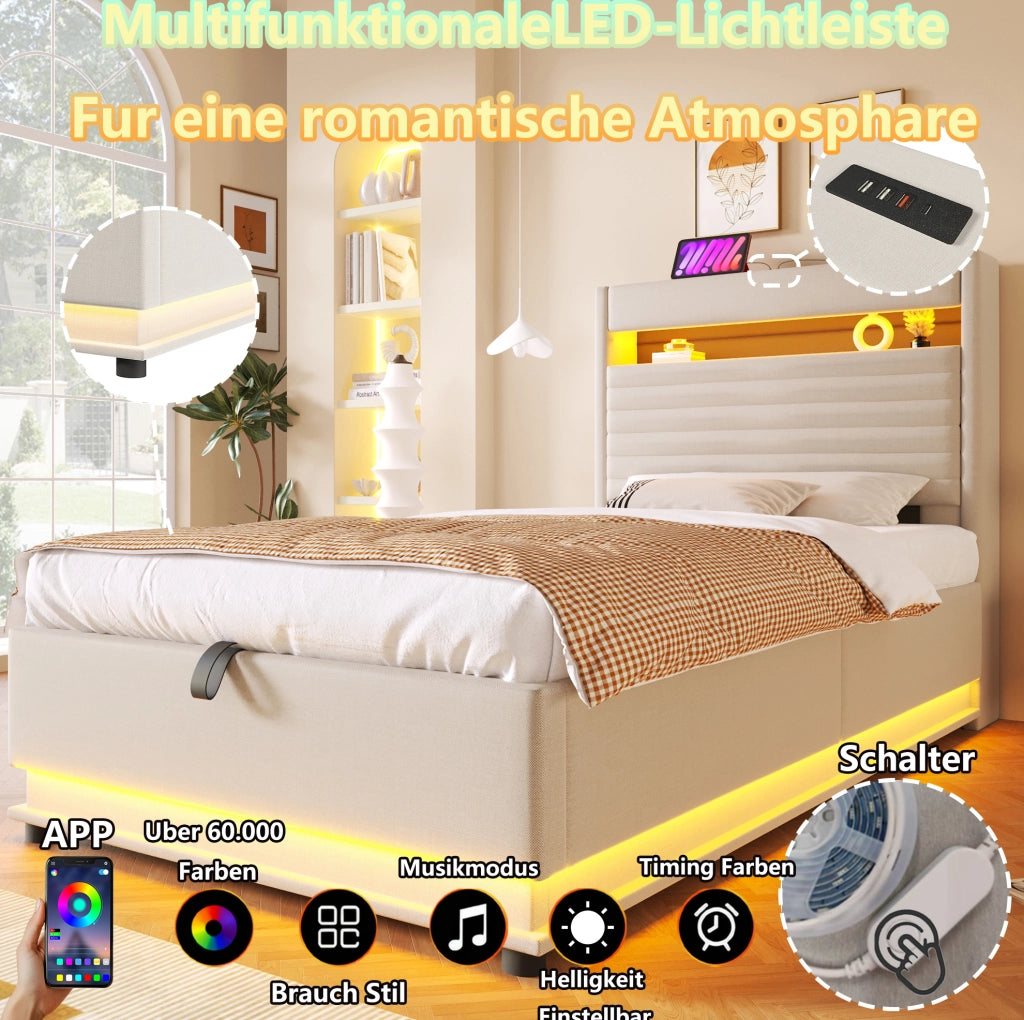 Letto imbottito 90x200 cm con contenitore idraulico, LED e porte USB/Type-C, beige