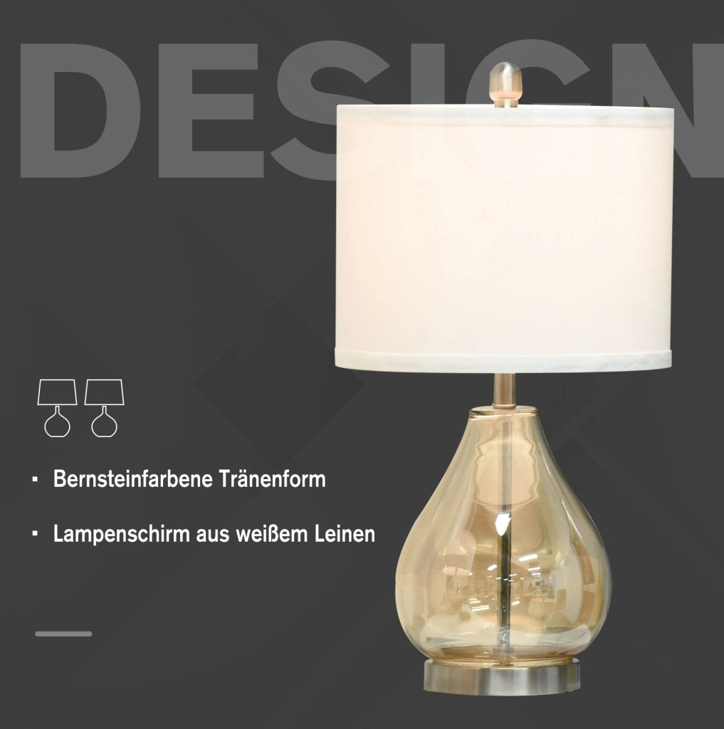 Set di 2 lampade da tavolo con base in acciaio e vetro, paralume in lino bianco, attacco E27, 40W, colore ambra, Ø30 x 56 cm
