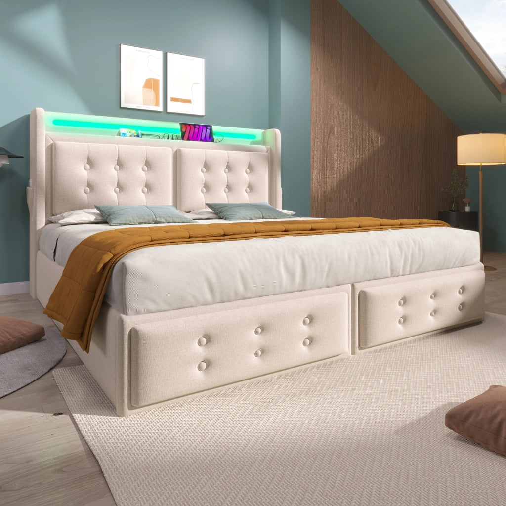 letto imbottito cotone lino beige 180x200 cm