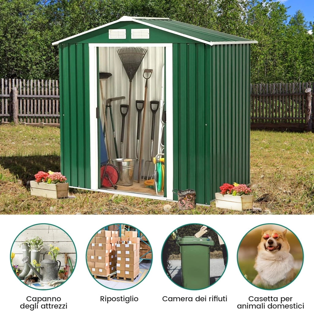 Casetta da Giardino in Acciaio 2,7㎡, con Base, Porte Scorrevoli, Maniglie, Sfoghi e Tettoia, Capanno da Esterno per Giardino, Fattoria e Cortile, 213 x 127 x 185 cm (Verde Scuro)