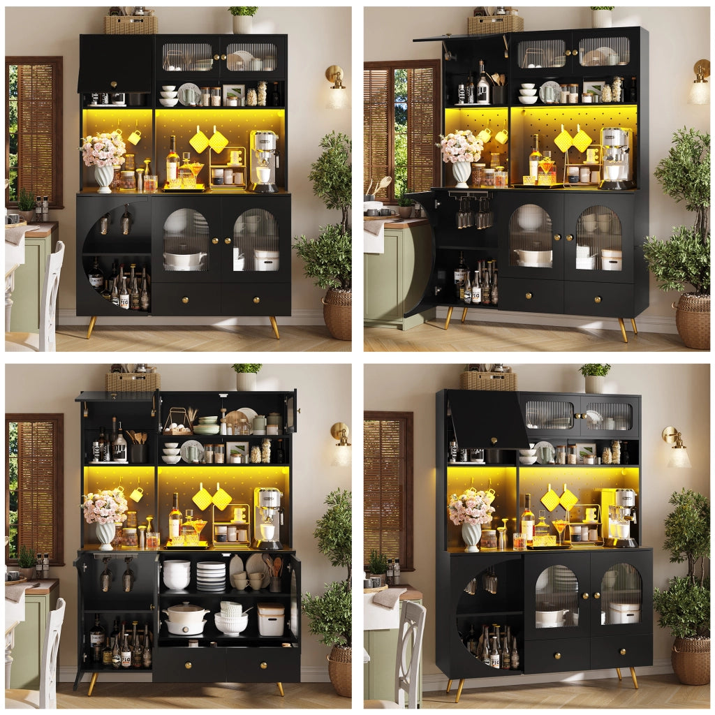 Mobile colonna da cucina con LED; prese e USB; portabottiglie; ripiani in vetro; nero 120 × 40 × 176 cm