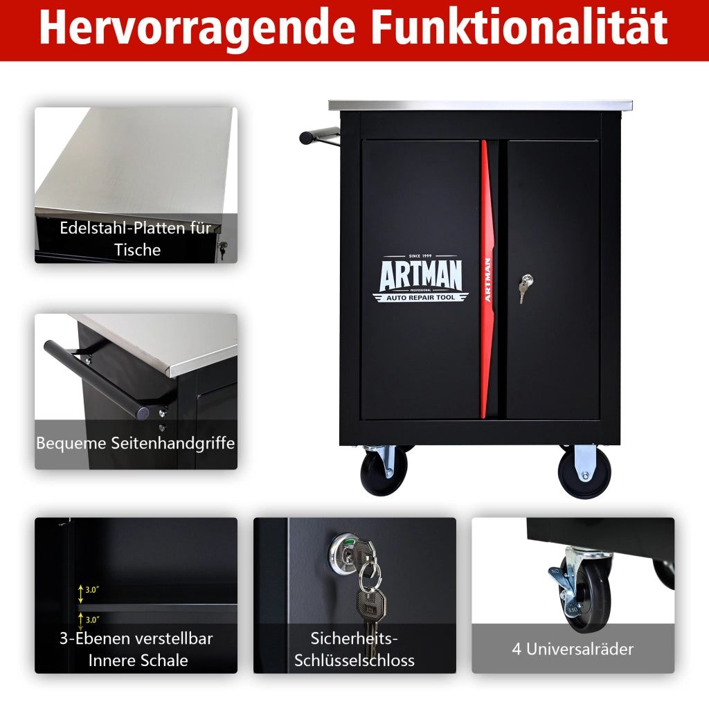 Carrello portautensili due ante con serratura; 4 ruote e ripiano removibile in acciaio nero e rosso 62.5 × 34.5 × 78 cm