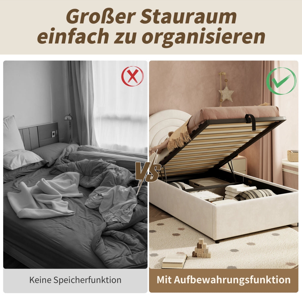 Letto Contenitore Singolo 90x200 cm; 1 Posto - Contenitore Idraulico e Testiera Imbottita - in Velluto - Beige
