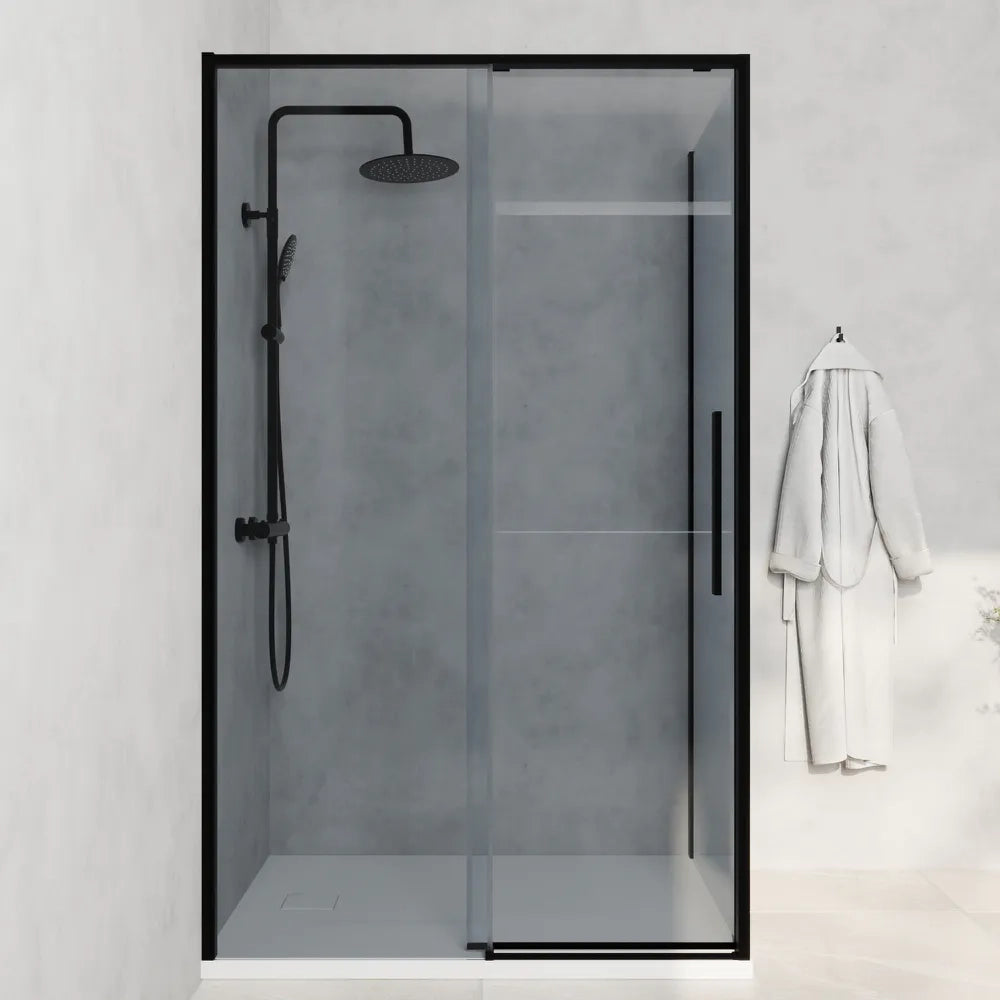 Box doccia angolare 130x70cm apertura scorrevole profili nero opaco vetro 6mm fumè anticalcare h195 | Canaria