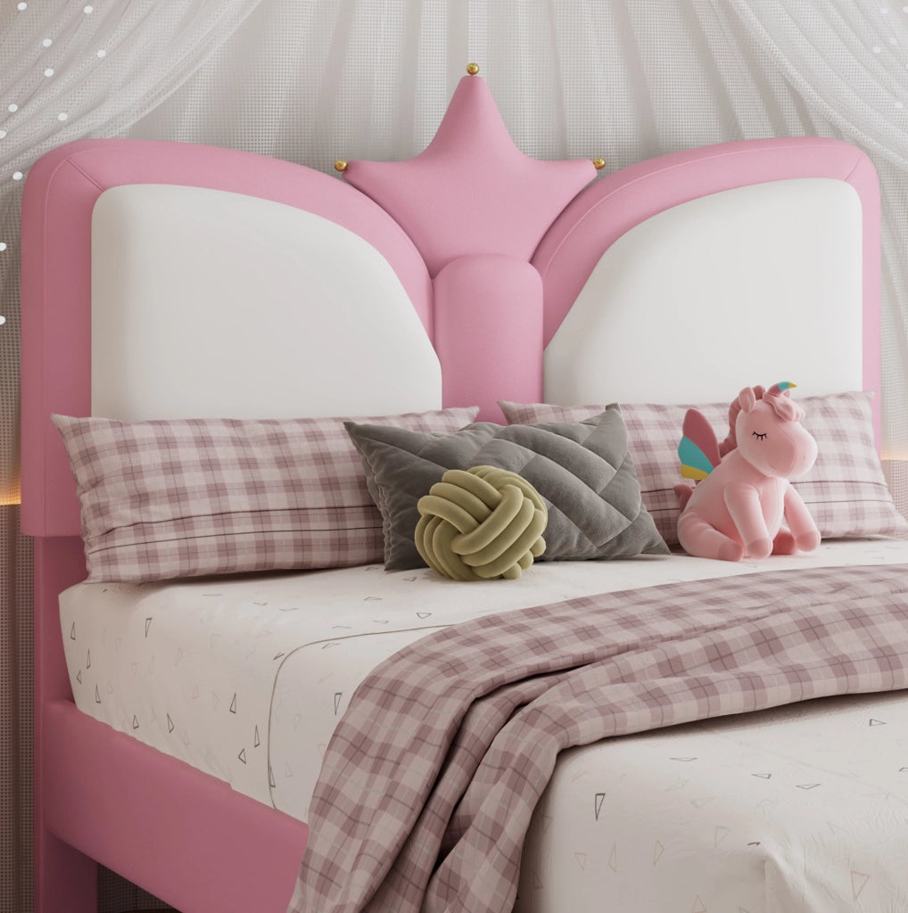 Letto imbottito per bambini 90x200 cm con testiera a corona in PU rosa e bianco