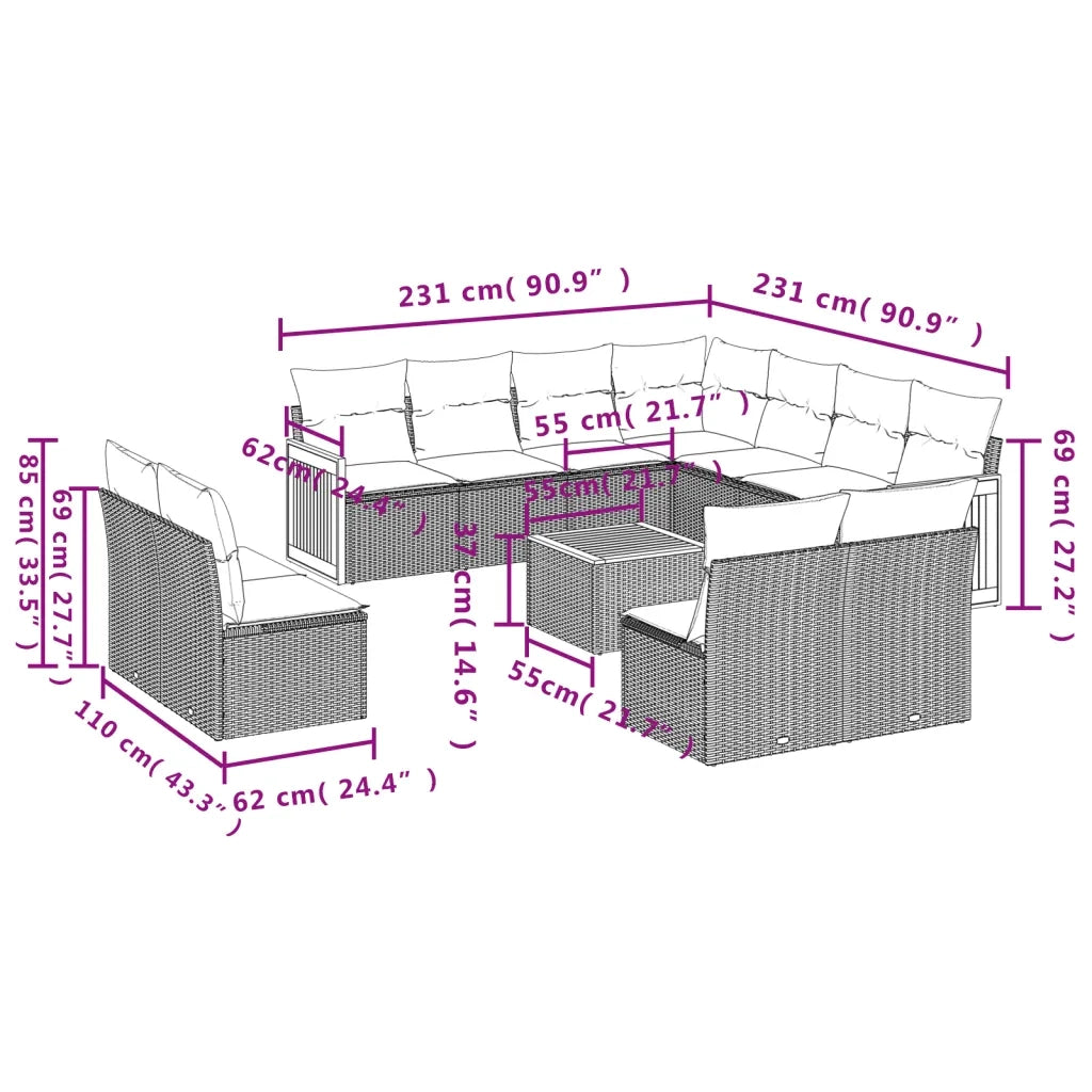 Set Divani da Giardino 12 pz con Cuscini Beige in Polyrattan 3227773
