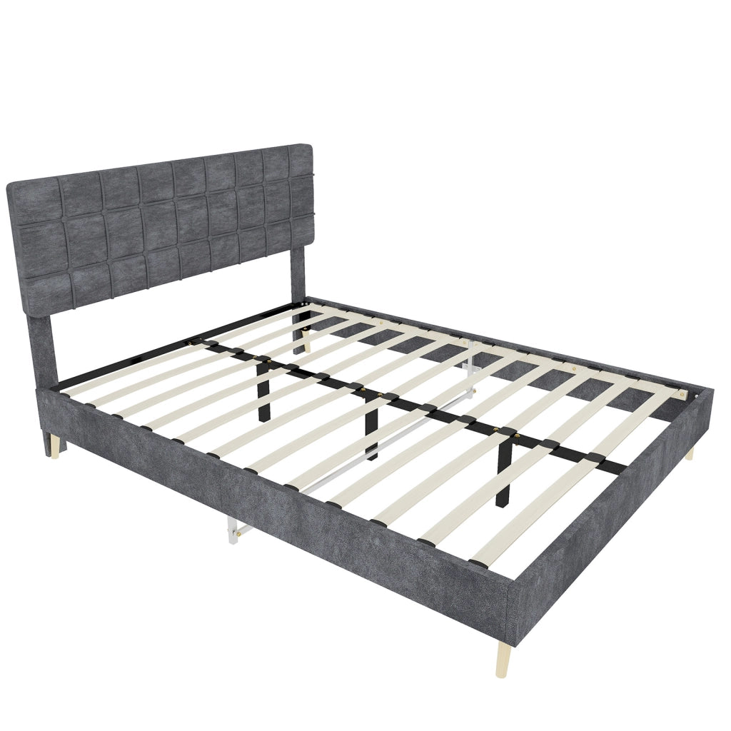 Letto 140 × 200 cm con testiera imbottita a quadri rivestito in velluto grigio
