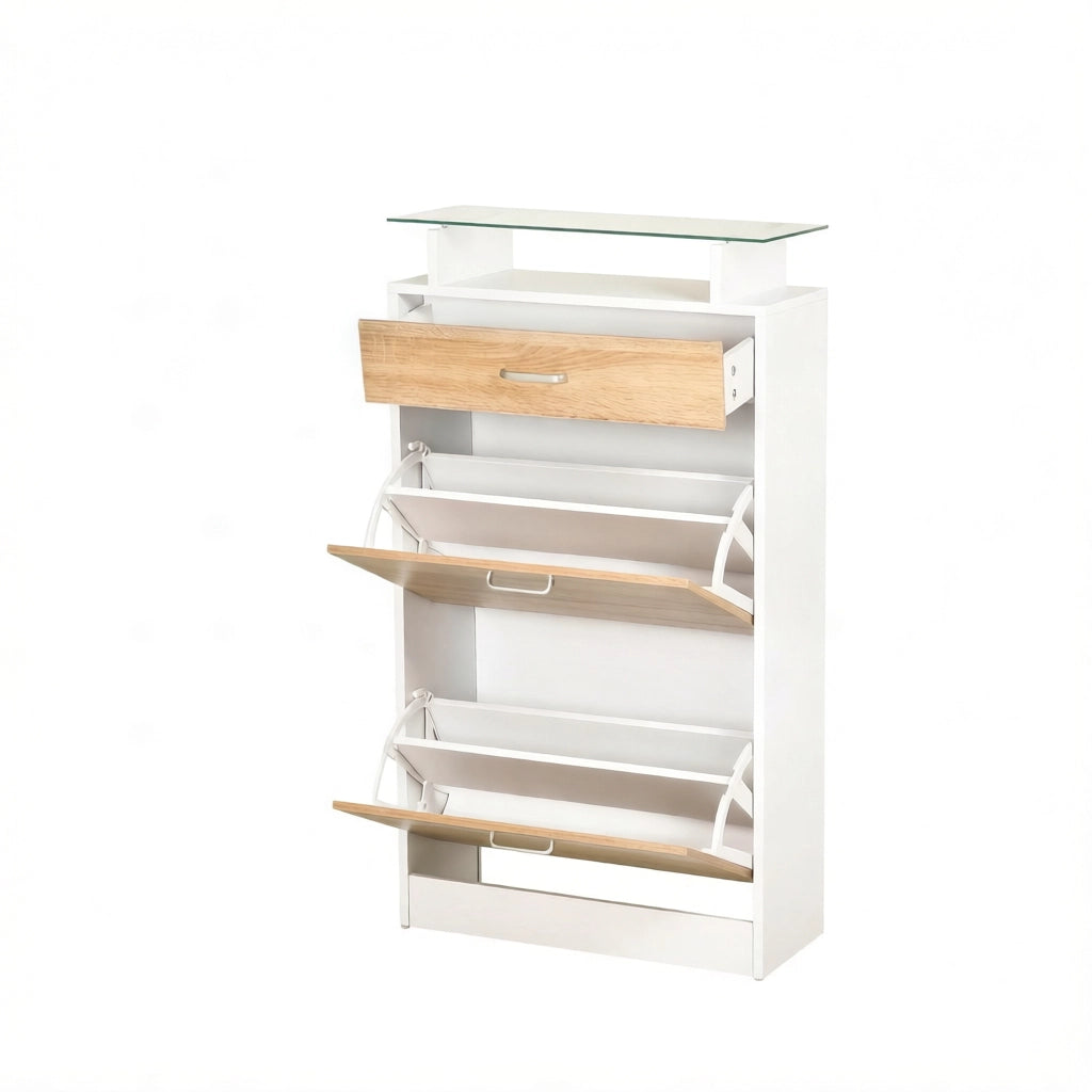 Scarpiera a 2 ante basculanti con divisori regolabili e ripiano in vetro; truciolare E1. bianco e rovere chiaro; 60 × 24 × 105.5 cm