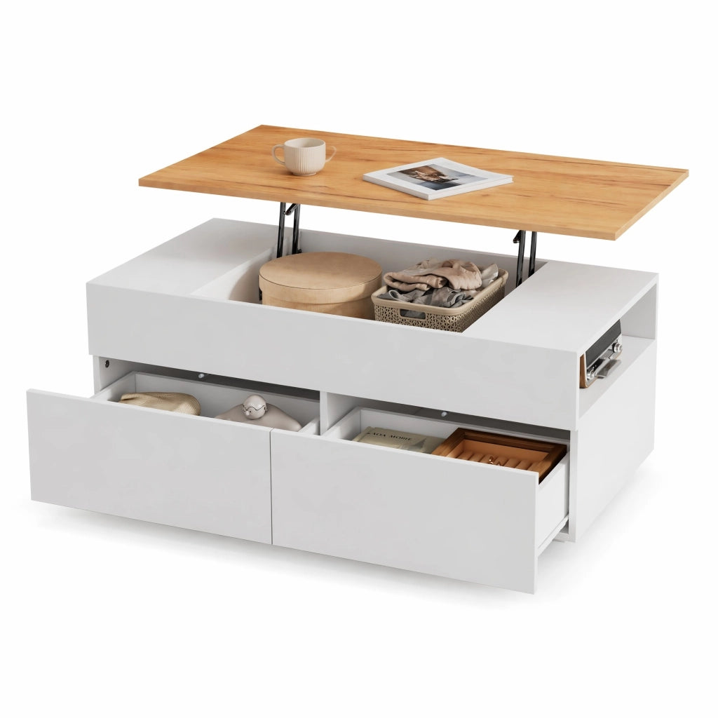 Tavolino da caffè sollevabile 100x50x40 cm con 2 cassetti; bianco e effetto legno