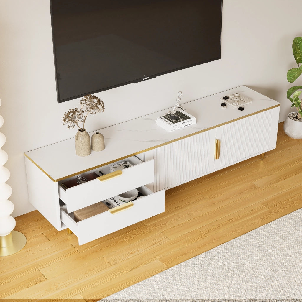 Mobile TV con 2 cassetti e 2 vani chiusi, ante scolpite, piedi rialzati, bianco e oro, 170 × 37 × 45 cm