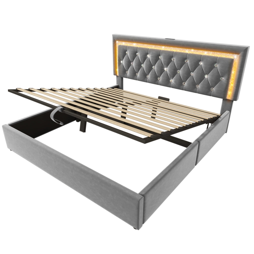 Letto matrimoniale 160 × 200 cm 2 posti con contenitore idraulico; LED; USB e porta Type-C; senza materasso; grigio