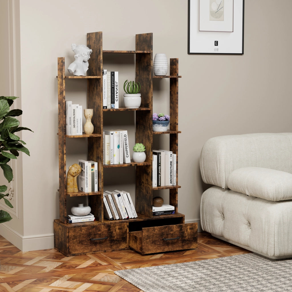 Libreria Industriale con 12 Ripiani e 2 Cassetti ¨C MINIMAL ¨C Legno Marrone