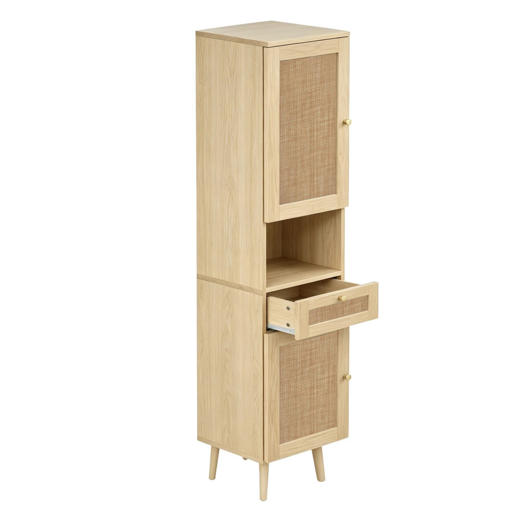 Colonna da bagno autoportante 166 cm con ante in rattan reversibili e cassetto, finitura legno naturale, 40×30×166 cm