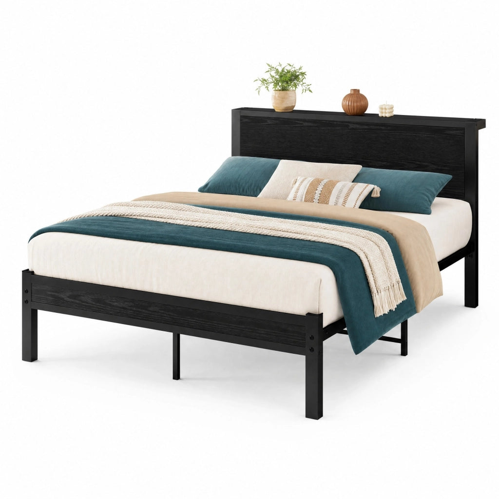 Letto 140x200 cm in metallo e MDF nero con spazio sottostante per riporre