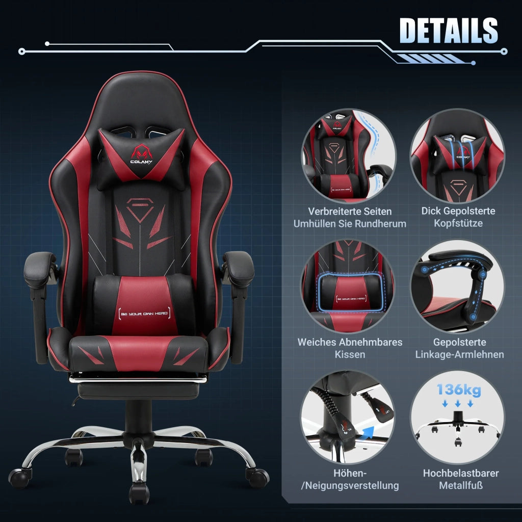 Sedia Gaming Ergonomica con Poggiapiedi, Capacità di Carico Max 136 kg - Rosso