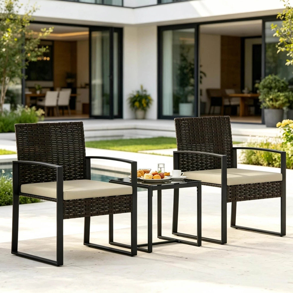Set Mobili da Giardino Piccolo con 1 Tavolo e 2 Sedie in Rattan PE Marrone e Cuscini