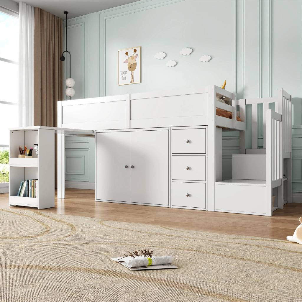 Letto a soppalco 90 ¡Á 200 cm con scrivania scala contenitore armadio cassetti e barriera in legno e MDF bianco