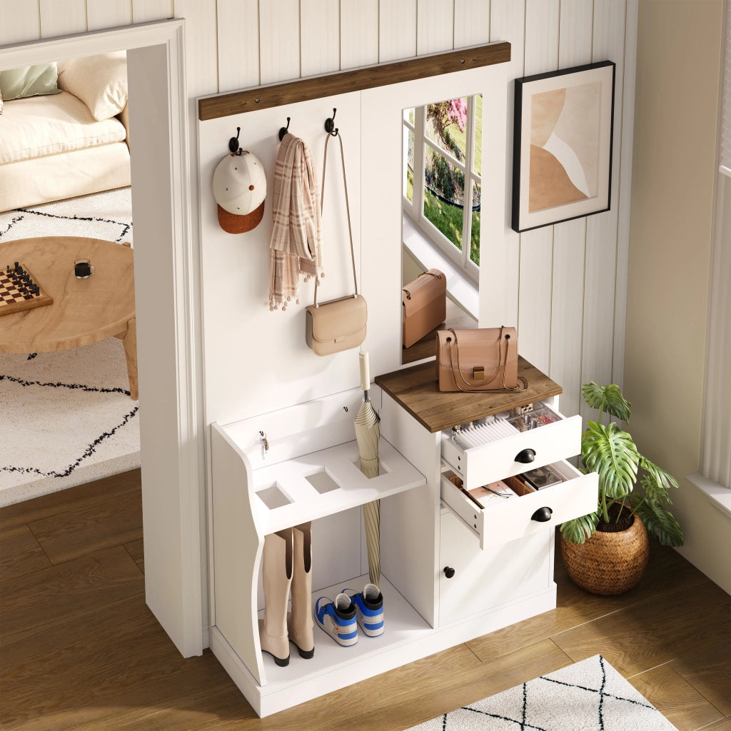 Set di mobili da ingresso con specchio; due cassetti; anta; ganci e portaombrelli in truciolare 110.5 × 38 × 191 cm