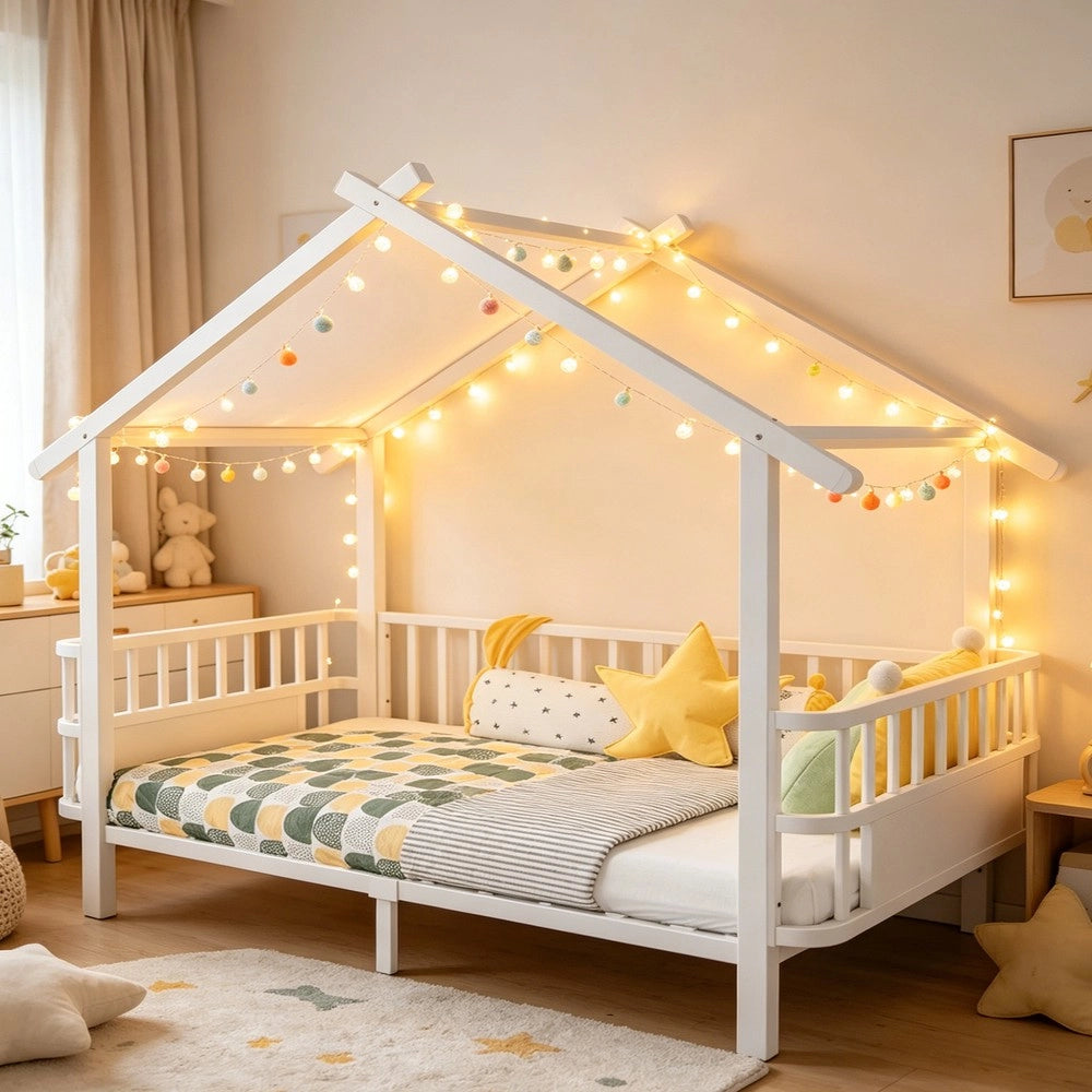 Letto per bambini a forma di casa ¨C Minimal ¨C metallo bianco 90x200cm con griglia di sicurezza