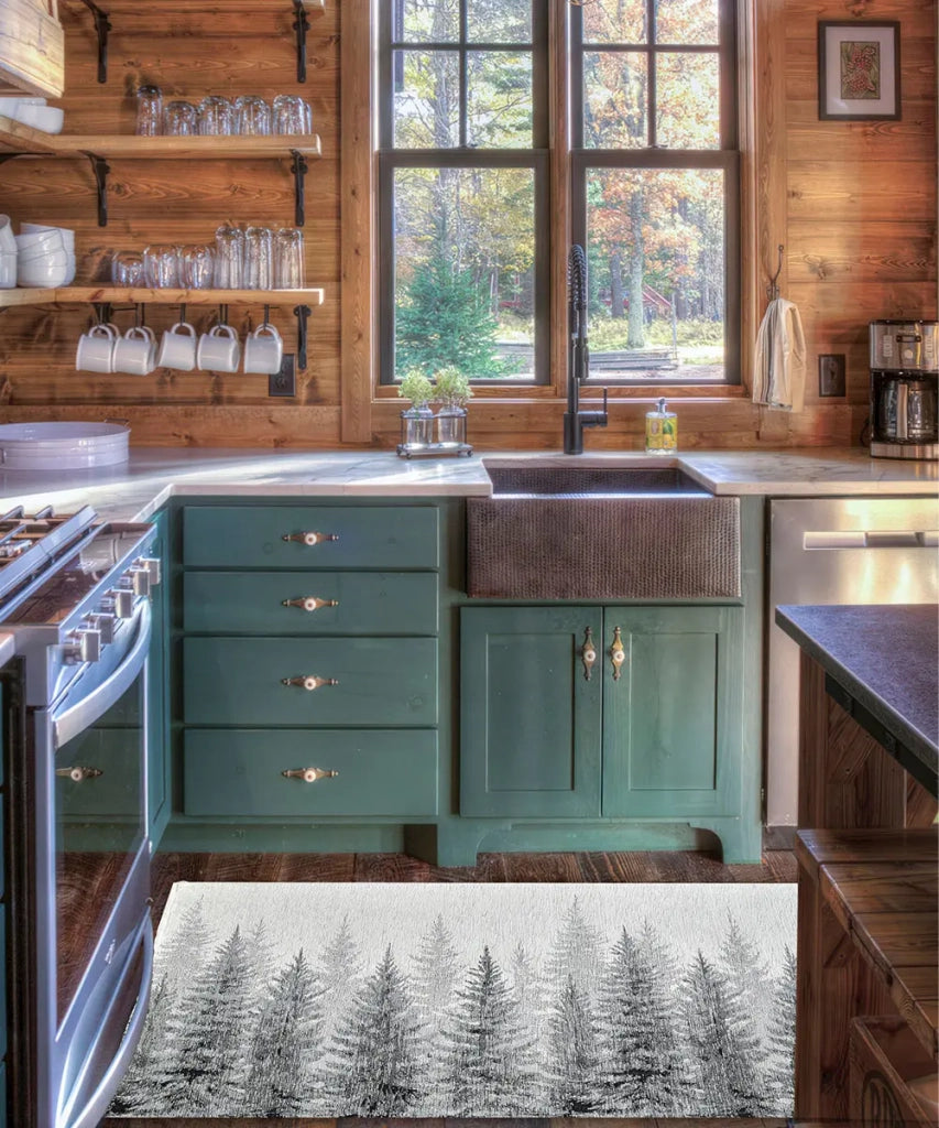 Tappeto moderno ABETI GRIGIO NERO disegno foresta aghifoglie di montagna, passatoia cucina multiuso lavabile in lavatrice e anti-scivolo cm.55x280