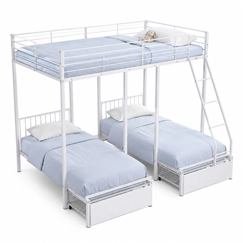 Letto a castello triplo 140x200 cm e 2 letti 90x200 cm separabili con 2 cassetti; salvaspazio; metallo bianco