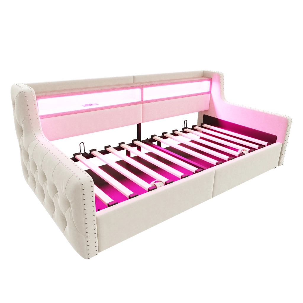 Letto divano 90 × 200 cm 1 posto con contenitore; LED; mensola; presa; USB e tipo C; senza materasso; beige