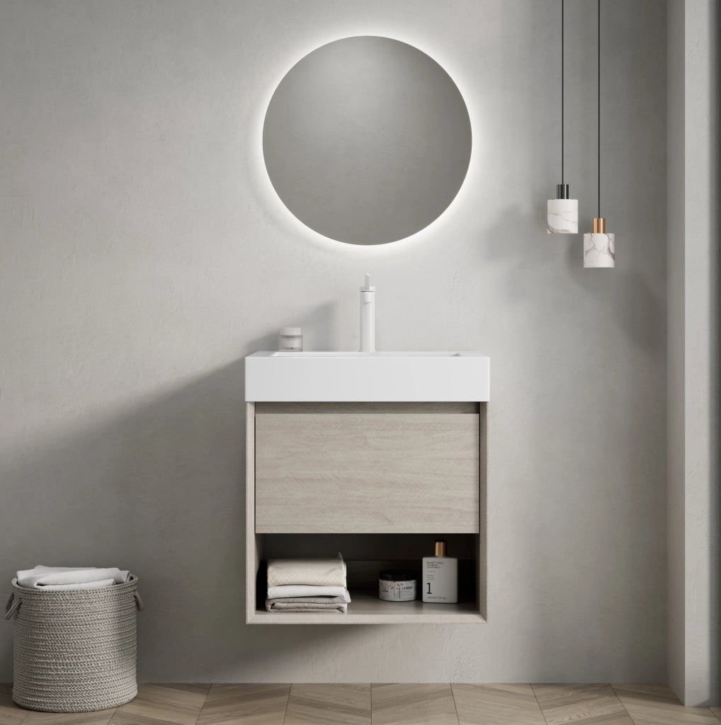 Mobile lavabo sospeso 55x46x60 cm in resina e compensato rovere chiaro