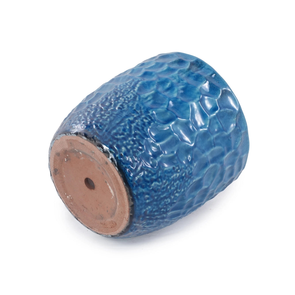 Vaso in ceramica media Ø30 cm blu lucido con rilievo a martellatura e foro di drenaggio, resistente al gelo, per piante da cucina e ornamentali