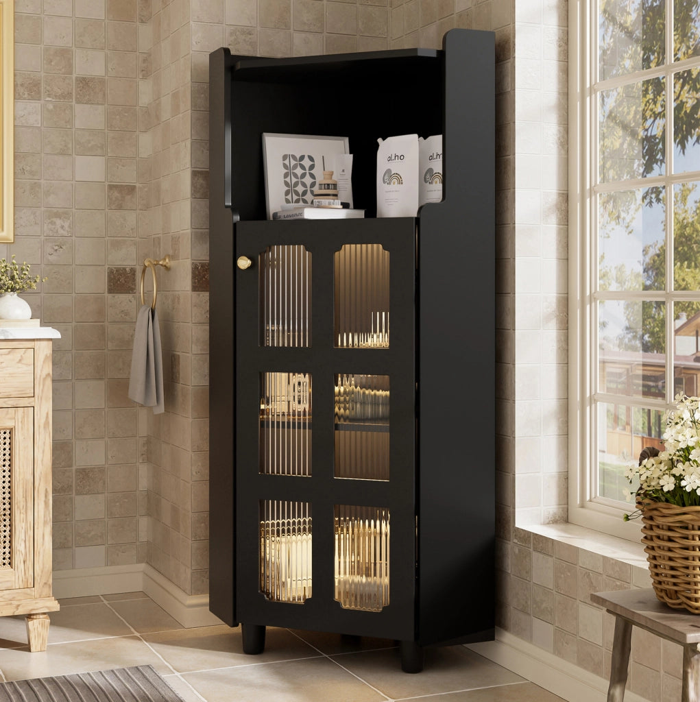 Mobile angolare nero con LED, ripiani aperti e vetrina in MDF